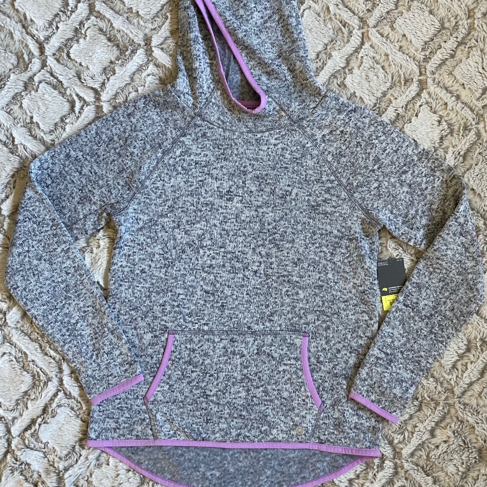 NWT Girls Xersion Pullover Hoodie in Gray Melange & Purple Sz L 14